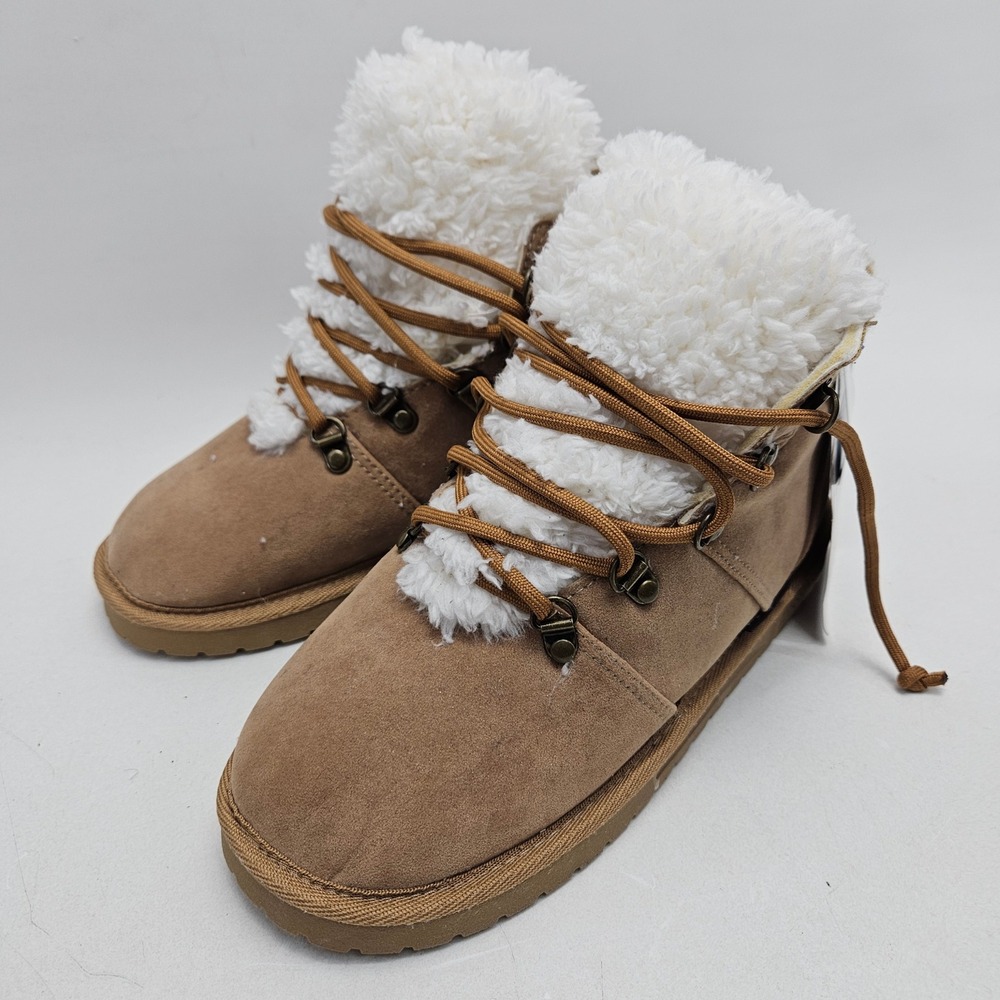 Muk Luks Womens Camel Suede Lace Up Ankle Boots Knit Collar 1000088-200 Size 8
